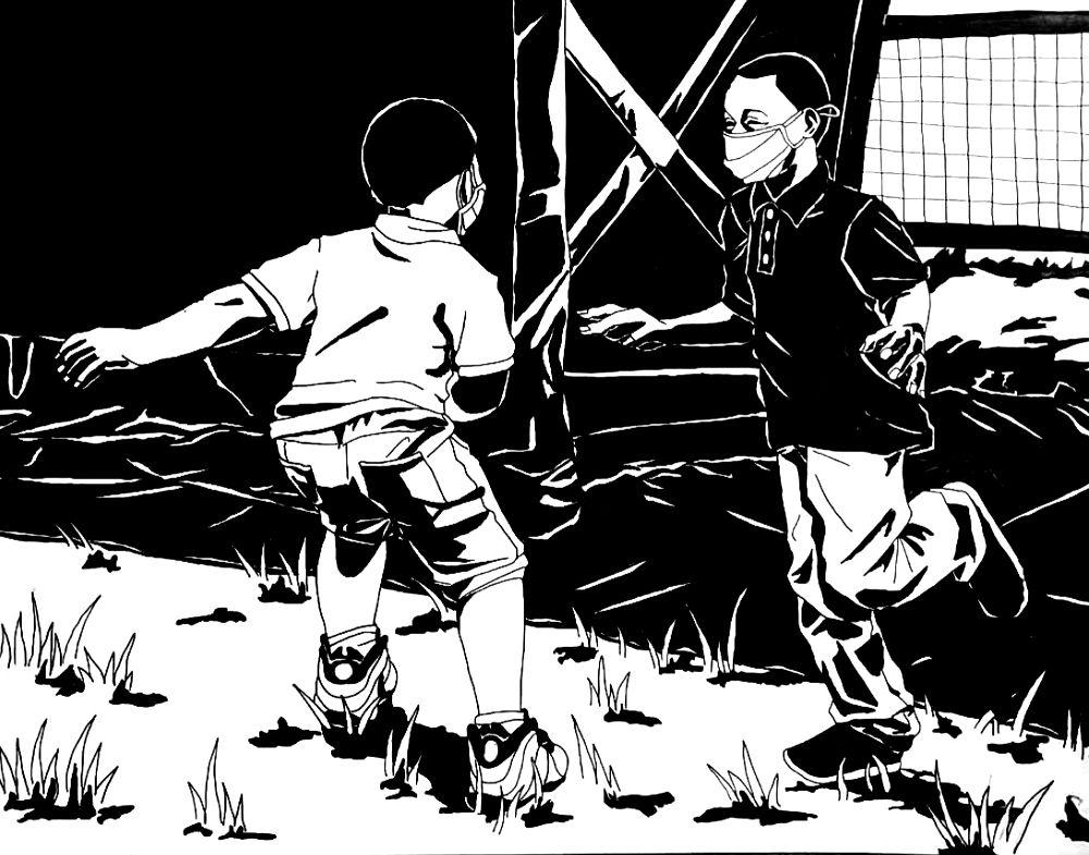 black and white drawing of two boys playing tag outside. 
