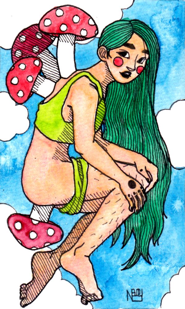 watercolor painting of a woman with mushrooms growing out of her back and butt