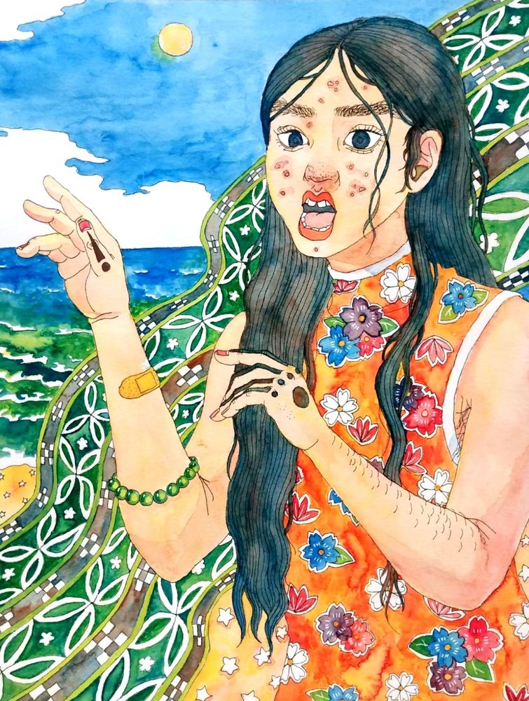 watercolor painting of a person in an orange bingata dress stumbling forward. their skincare routine sucks!