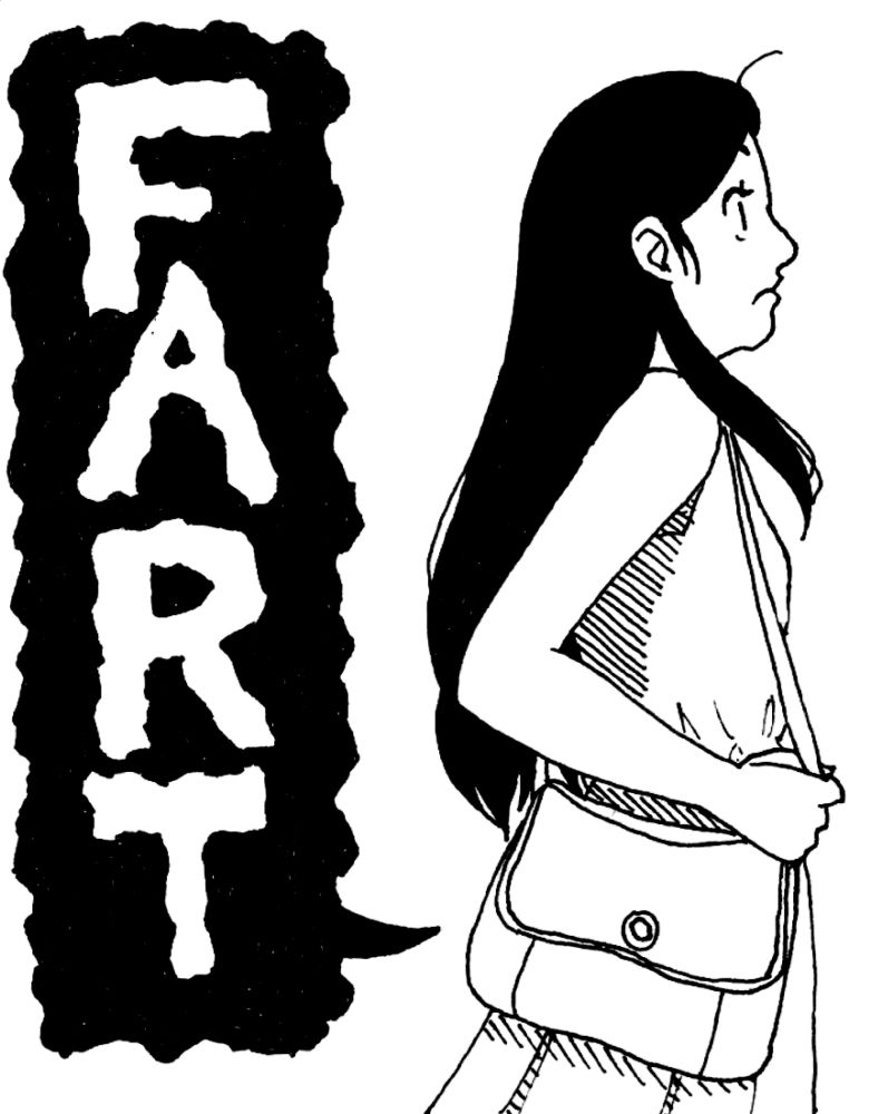 black and white ink drawing of a person (who is me) farting.