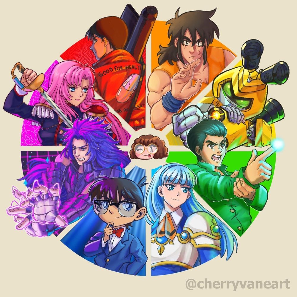 Roda cromática dividida em oito partes onde cada parte colorida é representada por uma personagem de anime dos anos 80 e 90. Os personagens são das séries Akira, Dragonball, Metabots, Yuyu Hakusho, Guerreras de Rayearth, Detetive Conan, Cavaleiros do Zodíaco e Utena.