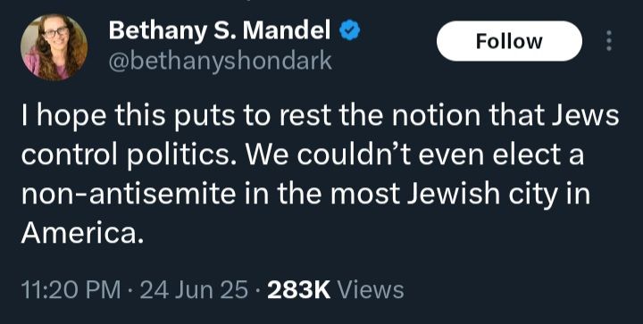 Bethany Mandel tweets "I hope this puts to rest the notion that Jews control politics. We couldn't even elect a non-antisemite in the most Jewish city in America."