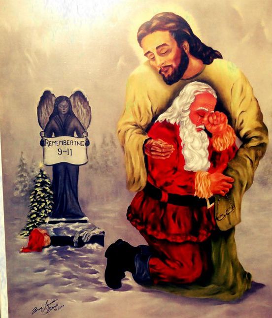 photograph of a painting which depicts Santa Claus crying in Jesus' arms(yes, That Jesus). Behind them is a statue of an angel, reminiscent of a tombstone, at the feet of which are laid Santa's gloves and hat The statue is holding a scroll that reads "remembering 9-11". Behind all this is a lovely forest of pine trees, seemingly lit with Christmas decorations.