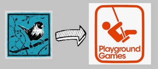 TCR logo on the left, with an arrow pointing to the Playground Games logo on the right, symbolising my new job update.
