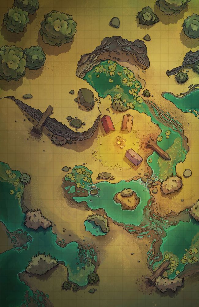 A 26x40 TTRPG battlemap of a small camp with three tents set in a swampy, marshy landscape. Pools of stagnant water covered in moss and lilies dot the area, with scattered trees, bushes, and rocky cliffs providing elevation and cover. Suitable for any swamp encounter in any fantasy RPG.