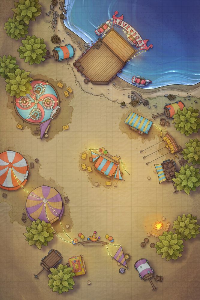 A hand-drawn TTRPG battlemap showing a desert carnival camp on sandy ground near an oasis, with colorful tents, game stalls, wagons, and scattered props for performances.