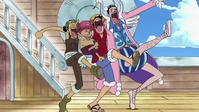 a group of cartoon characters are standing on a wooden floor laughing