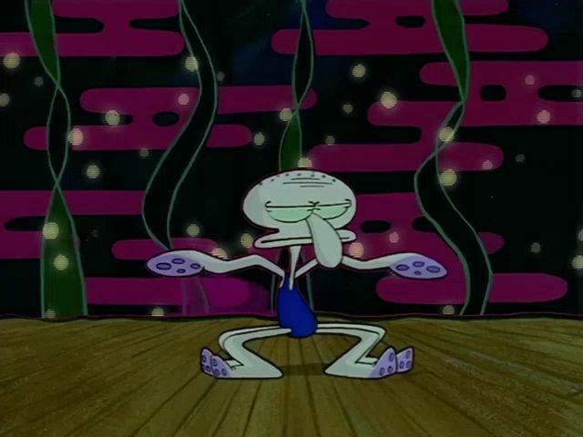 a cartoon squidward from spongebob squarepants is dancing on a stage