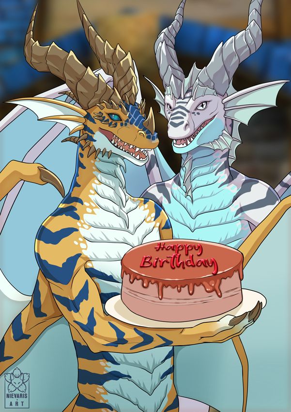 Two Dracthyr with a birthday cake