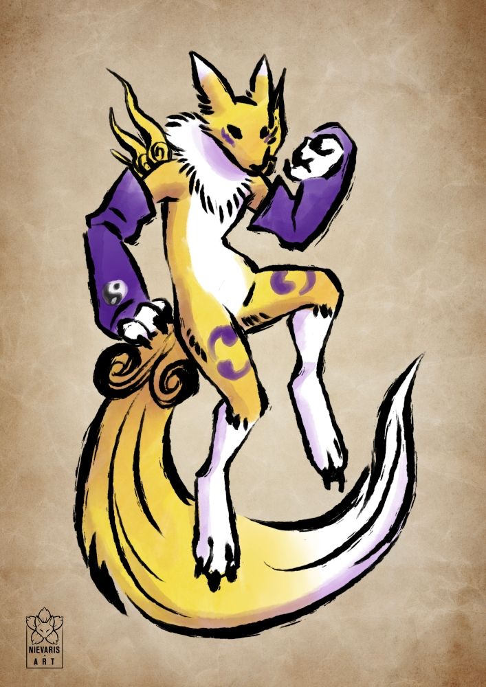 The Digimon Renamon in the style of the game Okami / Sumi-e inspired style.