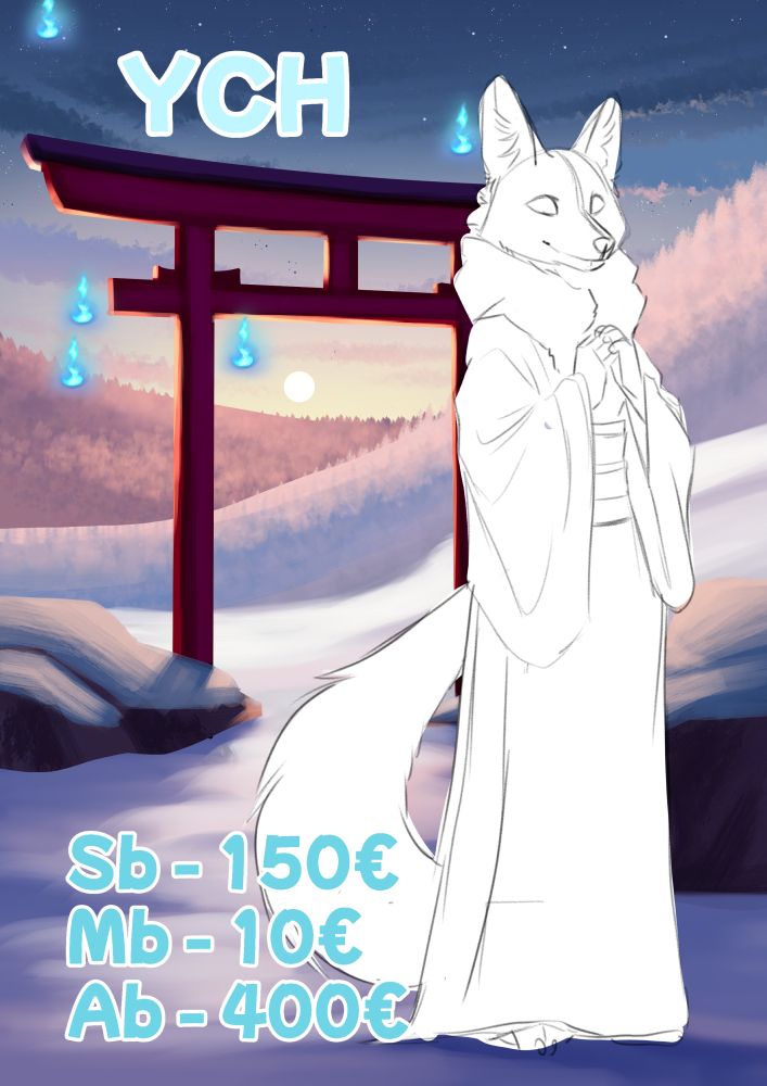 Anthro Fox sketch standing in front of a Torii in a wintery scene.