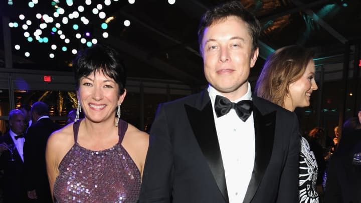 Elon Musk and Ghislaine Maxwell in formal wear at a party.