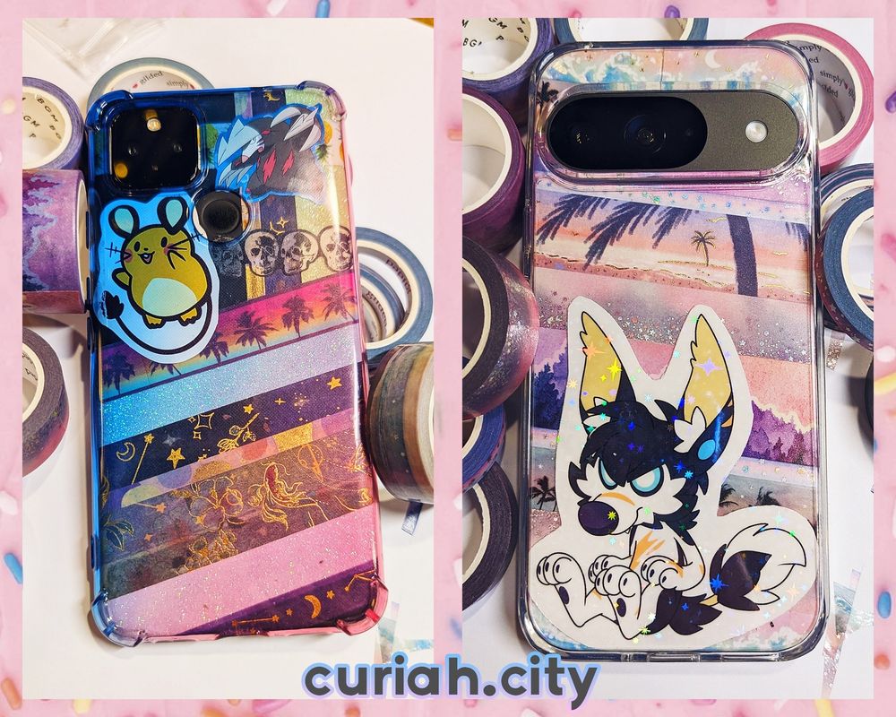 Two different phone cases decorated with artwork and washi tape.