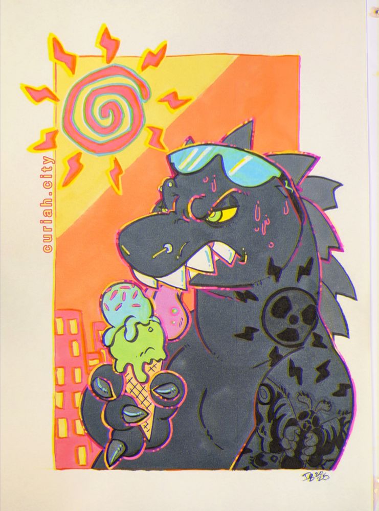 A vibrant cartoon illustration of Godzilla licking an ice cream cone while sweating in the summer sun.