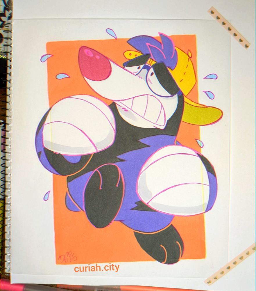 An anxious nerdy drilbur with purple and black fur, a yellow ballcap, and purple glasses. Ink and gel pen on paper.