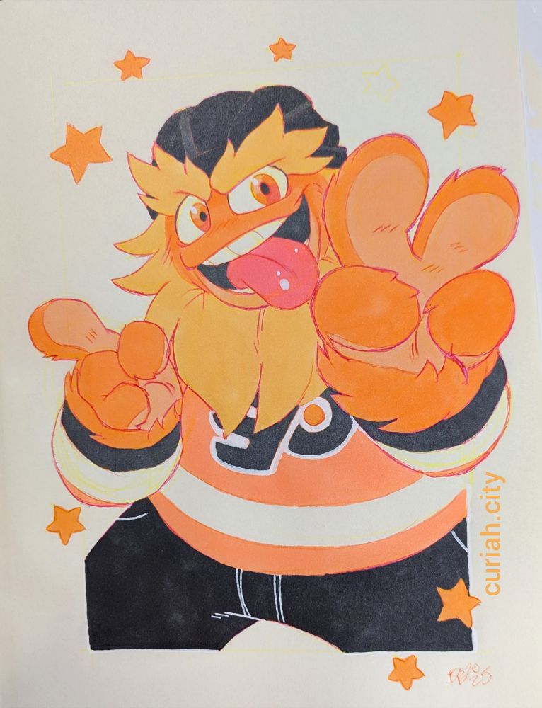 An ink and paint illustration of Gritty, the mascot for the Philadelphia Flyers. He sticks his tongue out while giving a peace sign to the viewer. He's surrounded by orange stars and wears his home jersey.