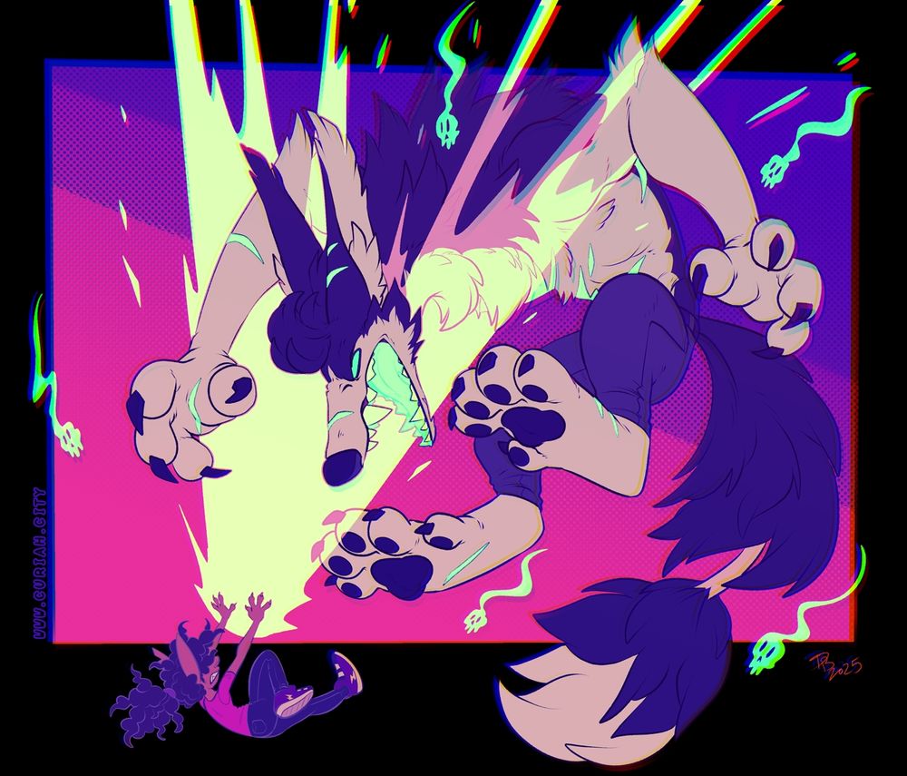 My wizard, Shaz, and my werebeast, Zayne, having a violent disagreement. Shaz fires a massive blast of energy at Zayne, as the giant werewolf leaps down toward him.