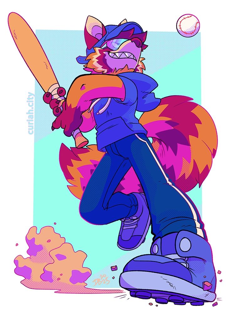 A raccoon preparing to bat a baseball. He grins as he moves toward the viewer, the ball in sight.