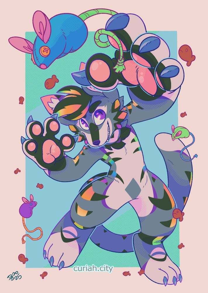 A gray, white, and black tabby with rainbow accents plays with some plush mice.