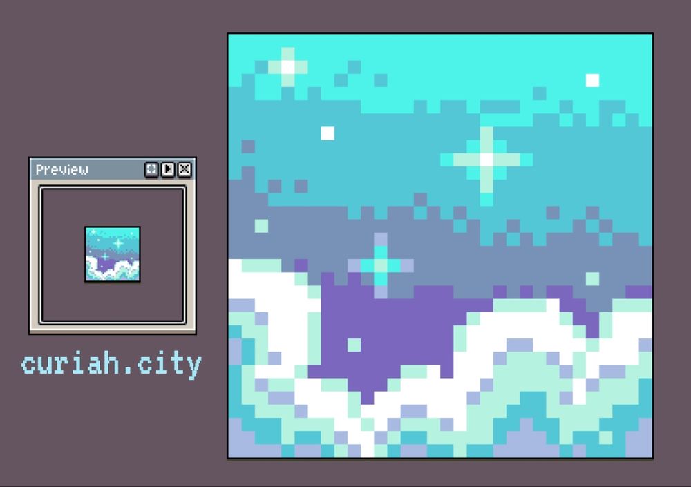 A pixel illustration of a soft blue-green sky with light clouds and stars.