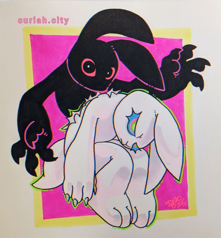 A white rabbit is hunched over as a shadow rabbit emerges from their back. Ink + Paint on paper.