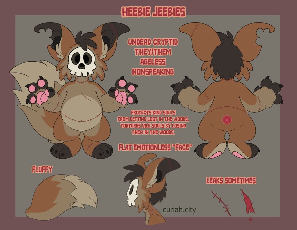 An undead fox-like creature with a flat, emotionless human skull mask. They're covered in various stitched-up segments that may open and ooze old blood at random. They're an ageless being who protects kind souls from getting lost in the woods, while torturing vile souls by keeping them from ever being found.