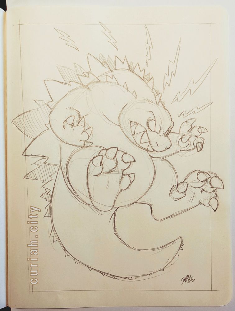 Pencil Sketch of a cartoon Godzilla. He's leaping in the air with energy radiating from his top spines.