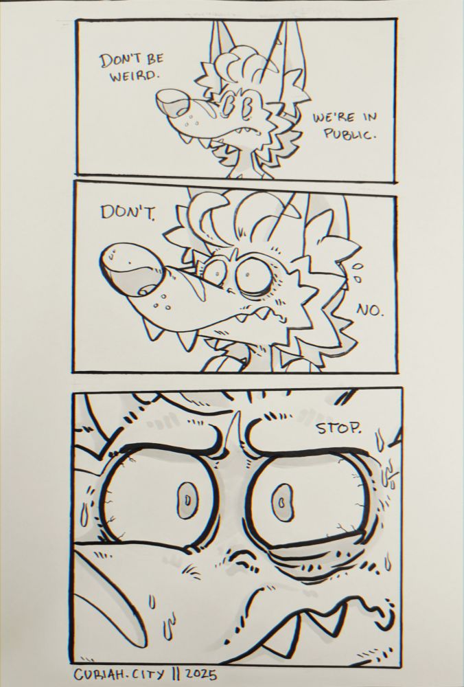 A simple ink comic strip featuring Zayne.

Panel 1) Zayne standing still, frowning. Someone, possibly himself or a friend, states "Don't be weird. We're in public."

Panel 2) Zoom in closer on Zayne's face, he looks very stressed. The voice continues, "Don't. No."

Panel 3) Zoom in on Zayne's eyes as he visibly sweats. The voice states, "Stop."