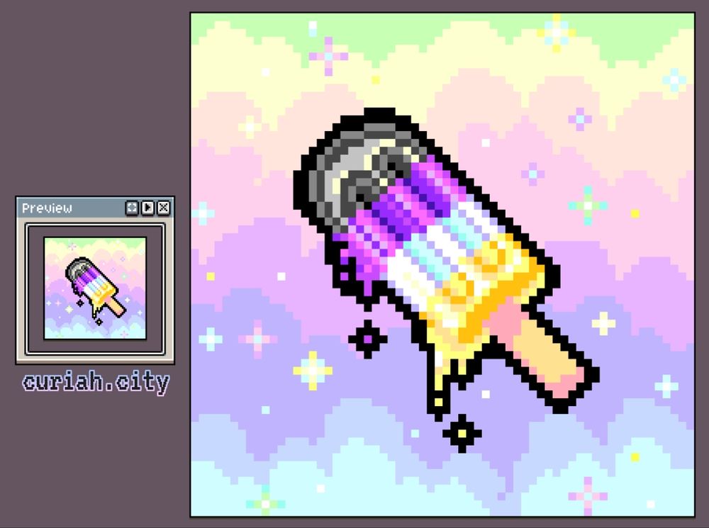 A pixel illustration of a melting popsicle in the colors of the Enby flag. The backdrop is a very soft pastel rainbow with sparkles.