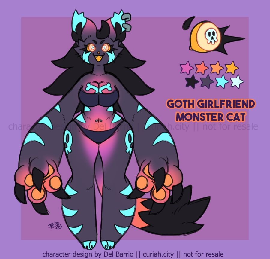 A black cat monster with giant arms and paws, long claws, neon accents, skull motifs, and spiked hair.