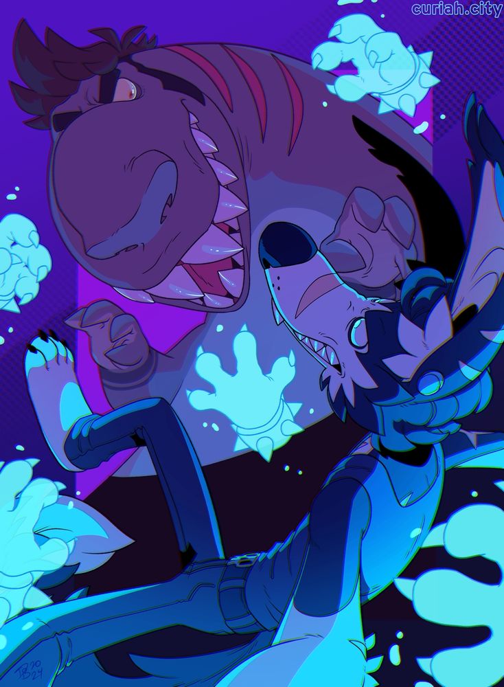 Wereshark Art and dogman Zayne have an intense sparring match. Zayne's ghostly magic illuminates the dark scene.