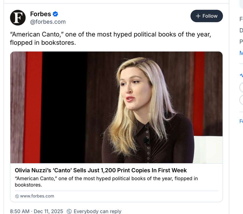 A screenshot of the announcement that Olivia Nuzzi's "Canto" has sold only 1200 print copies.