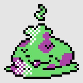 A pixel sprite of Moldi. A green slime with purple dots and a relaxed expression.