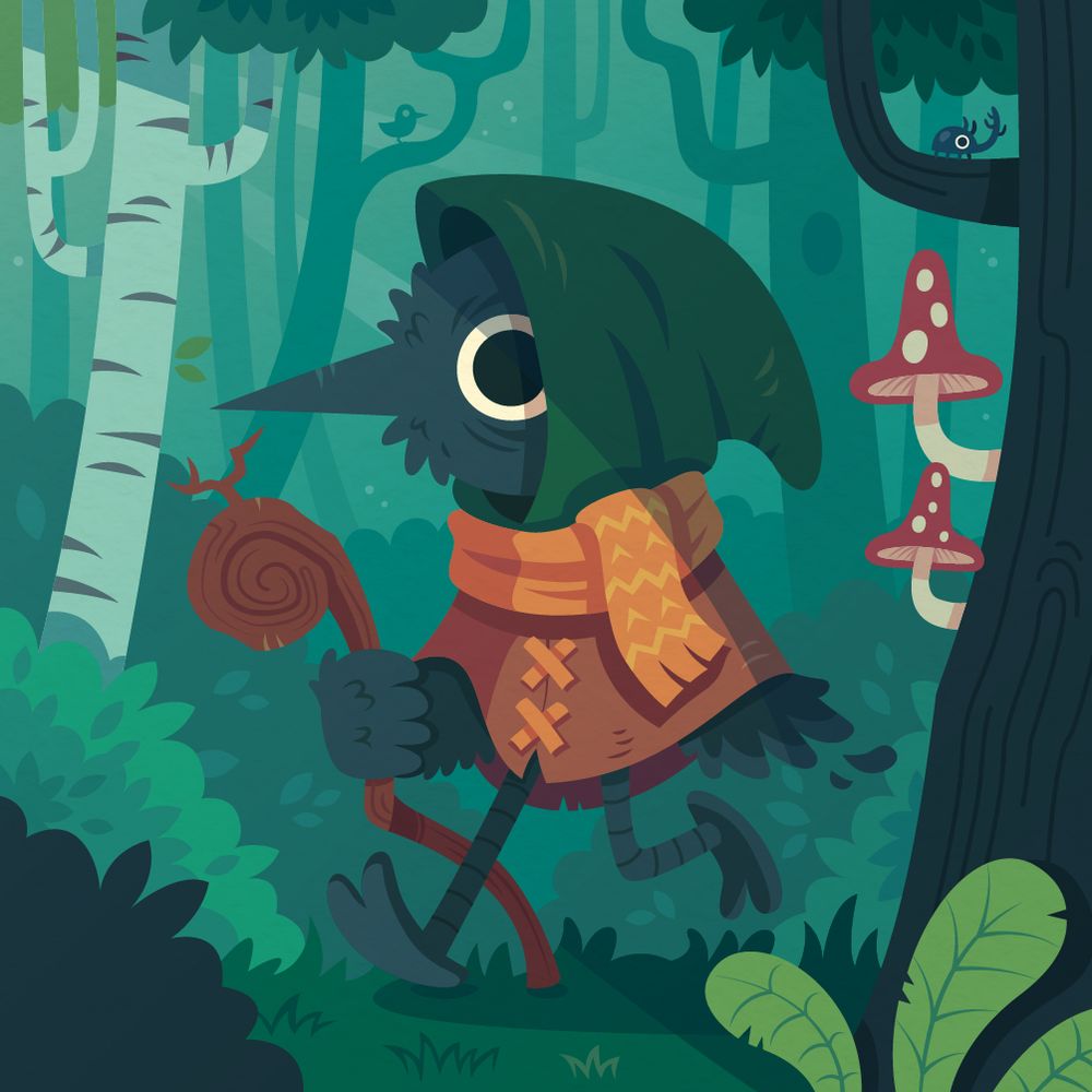Humanoid crow-like character, walking through thick woods, carrying a wooden staff