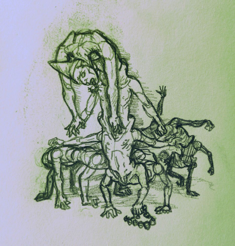 A small pencil sketch of a centipede-like yokai-inspired creature composed of legless adult male torsos (including simply-drawn genitalia) fused between the shoulders and hips of each torso, each arm working like a leg. In one grounded hand are prayer beads. The topmost torso has a head that hangs limp from the neck, wearing a triangular hat like that of a Shinto priest, and an actual small centipede is coming out of the dead-eyed head's mouth like a long tongue. Most of its body length is hidden behind itself, disappearing into shadows on a light background, the frontmost part with the head rising up closer than the rest of it. 