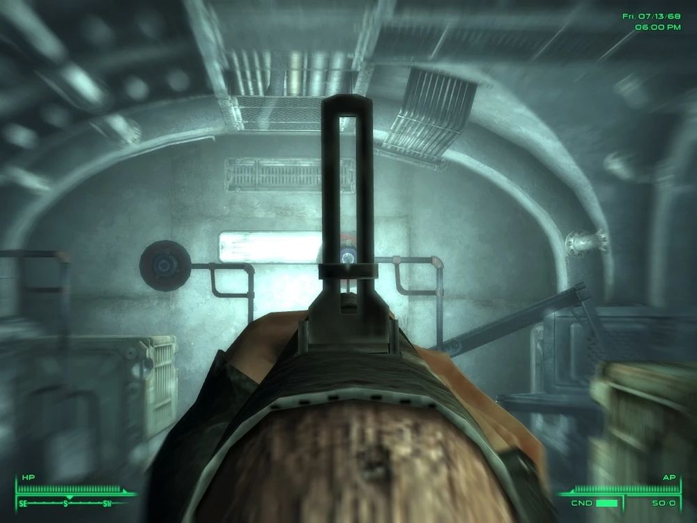The Fallout 3 BB Gun aiming down sights at a target in Vault 101.