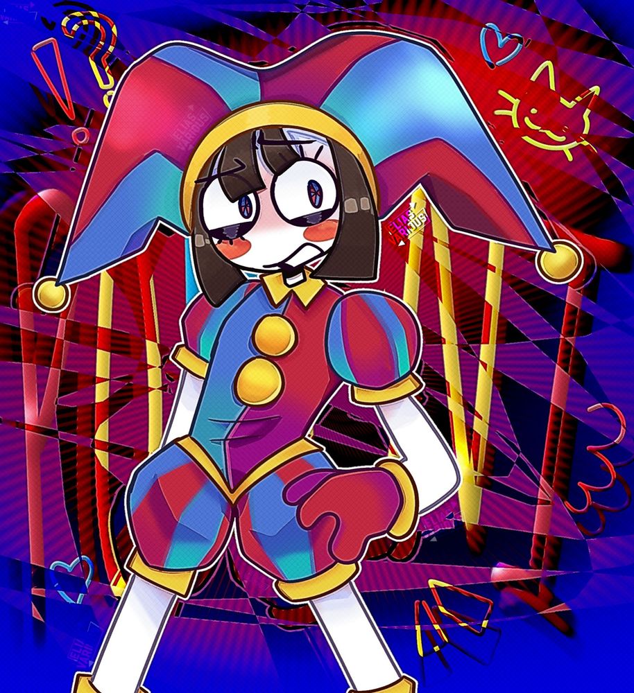 Pomni from the amazing digital circus standing with a confused expression with a distorted background