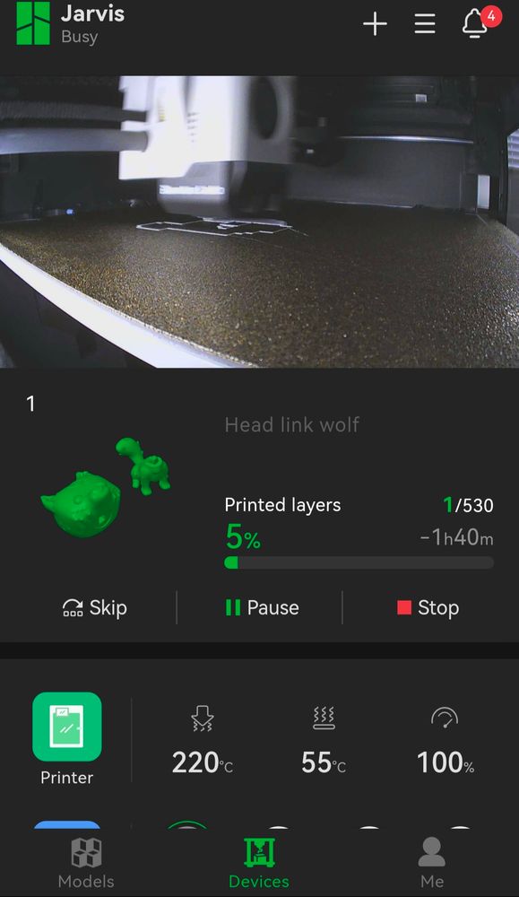 Screenshot of bambu studio progress of a 3d print project printing wolf link from Zelda twilight princess 