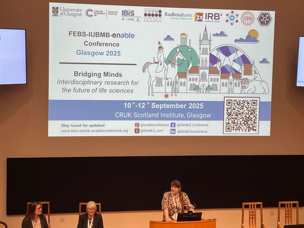 Olga Troitskaya (CRUK Scotland Institute) shared news of the FEBS-IUBMB-enable conference in Glasgow 10-12th September, called “Bridging Minds: Interdisciplinary research for the future of life sciences”.