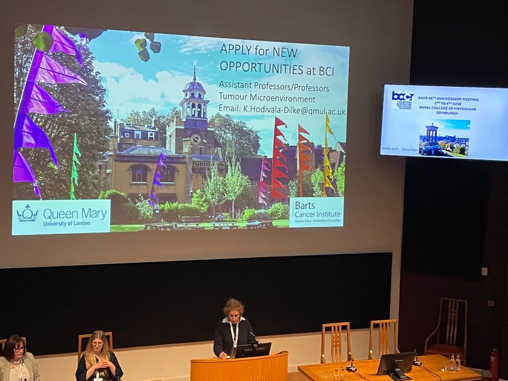 Kebs Hodivala-Dilke advertised (new) Group Leader opportunities at her institution, Queen Mary University of London (QMUL), at the Barts Cancer Institute.
