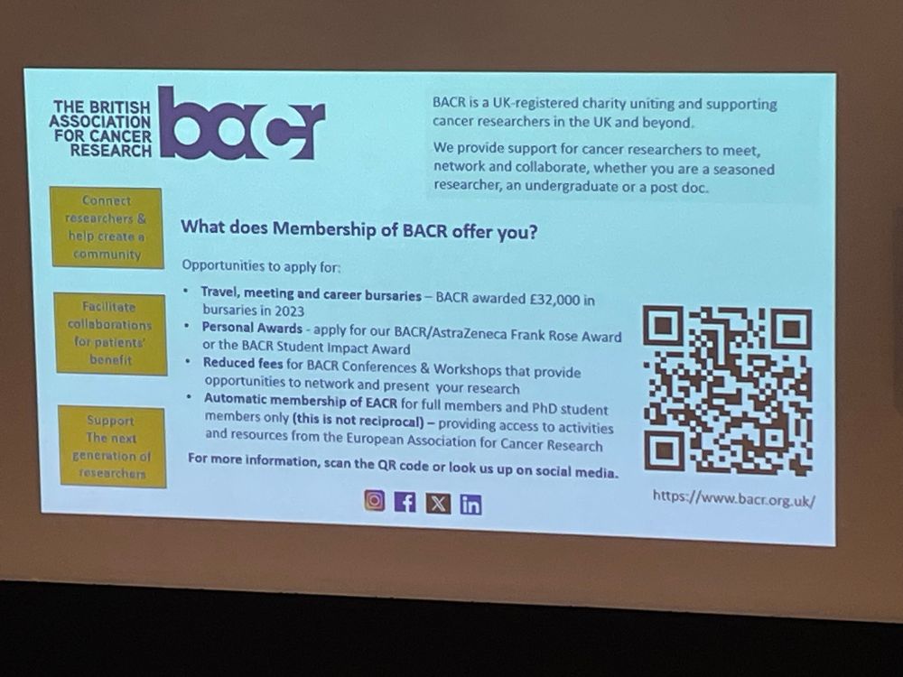 Kevin Ryan shared the benefits of BACR membership including travel bursaries, awards, reduced event fees and membership of EACR (the European Association for Cancer Research).