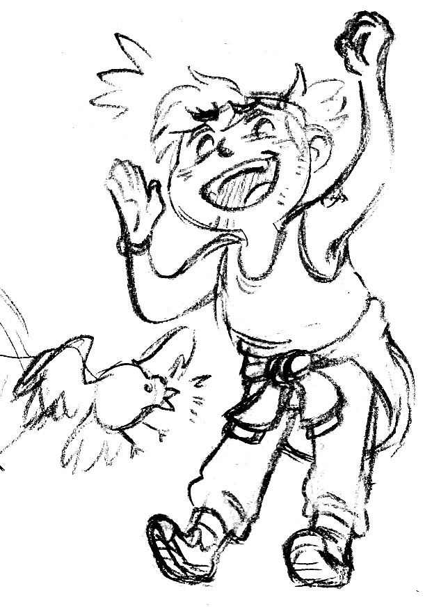 Chibi sketch of a man cheering with his pet bird joining in to the side 