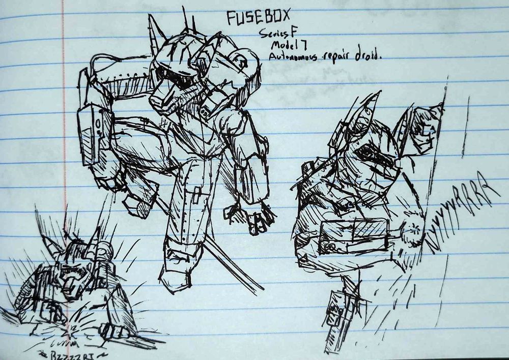 Android anthro jackal, posing 3 times. Top left pose is the camera looking straight down at them while they sit on a bench. Bottom left pose is them welding metal together. Right side pose is them using a wrist-mounted angle grinder to grind a door frame down. 