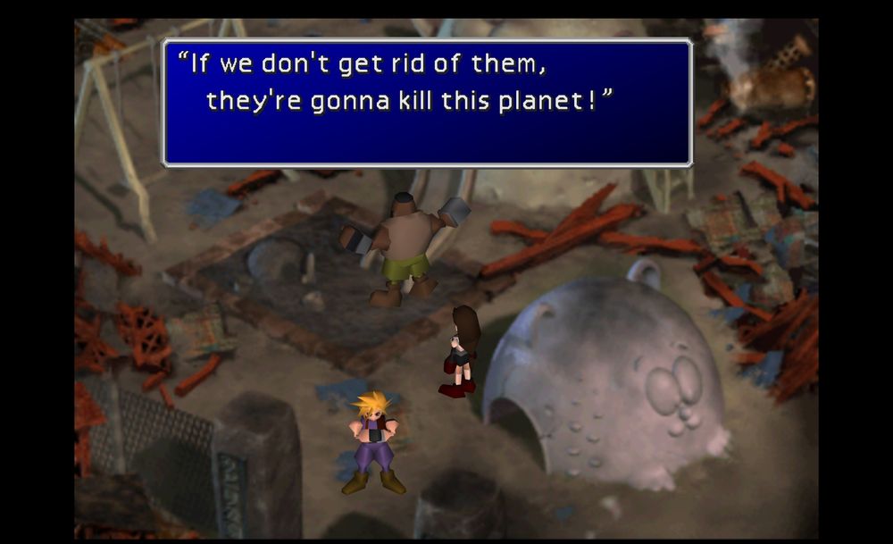 Final Fantasy 7 screenshot, with Barret quote, "If we don't get rid of them, they're gonna kill this planet!" 