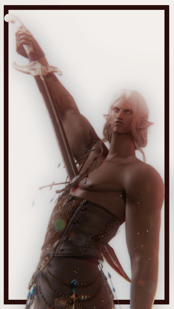 Edited screenshot from a critically acclaimed MMO. Valentin, a Duskwight Elezen, drives a ruthenium scimitar straight into his chest, through the decorative ornament that blossoms upward from his corset. There is blood pooling around the entrance wound and the tip of the scimitar, also bloodied, can be seen poking out from their back.