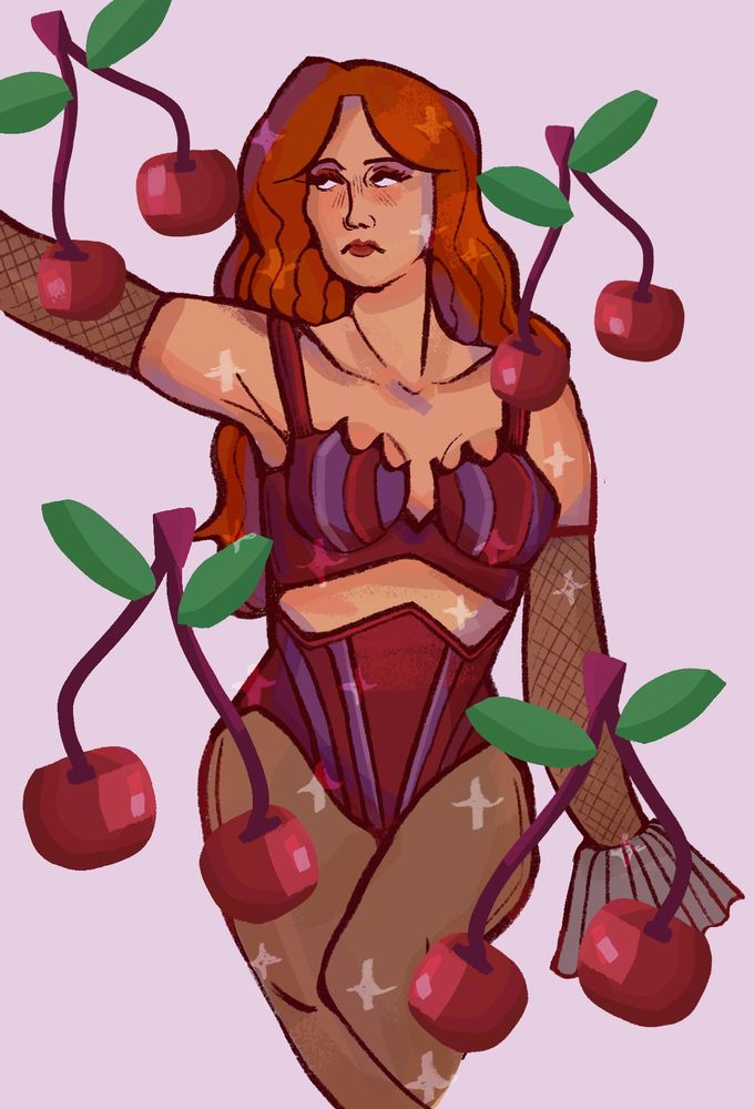 Fanart of Chappell Roan. She has long wavy orange curls and she's wearing a two piece maroon and purple set with stockings on underneath and fish net sleeves on her arms. The background is light purple and there are cherries around her for decoration. She has one arm up and one down and an unimpressed expression.