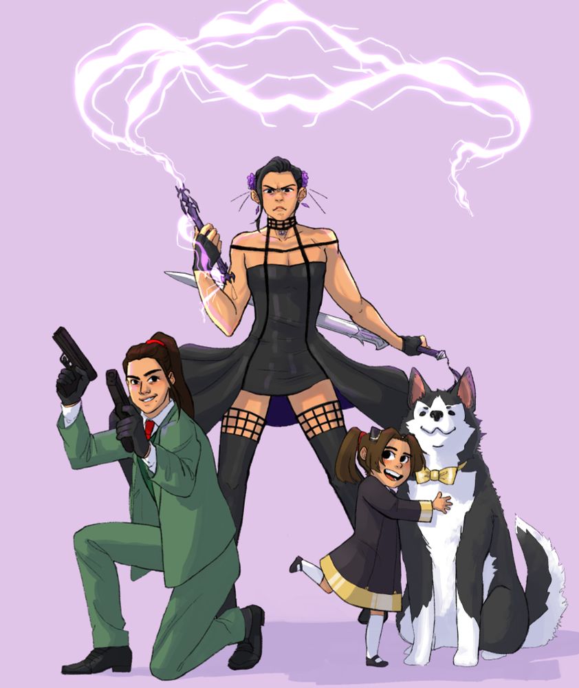 Jiang Cheng dressed in Yor Forger's thorn princess outfit holding Sandu in his left hand, behind his back in a reverse grip and zidian as a whip in his right hand. He stands behind Wei Wuxian dressed as Loid, crouched with two pistols in his hands. Jin Ling is standing next to Wei Wuxian and is dressed as Anya. He is hugging a sitting Fairy wearing a gold bow tie around her neck. (Wei wuxian doesn't realize how close this dog is to him)