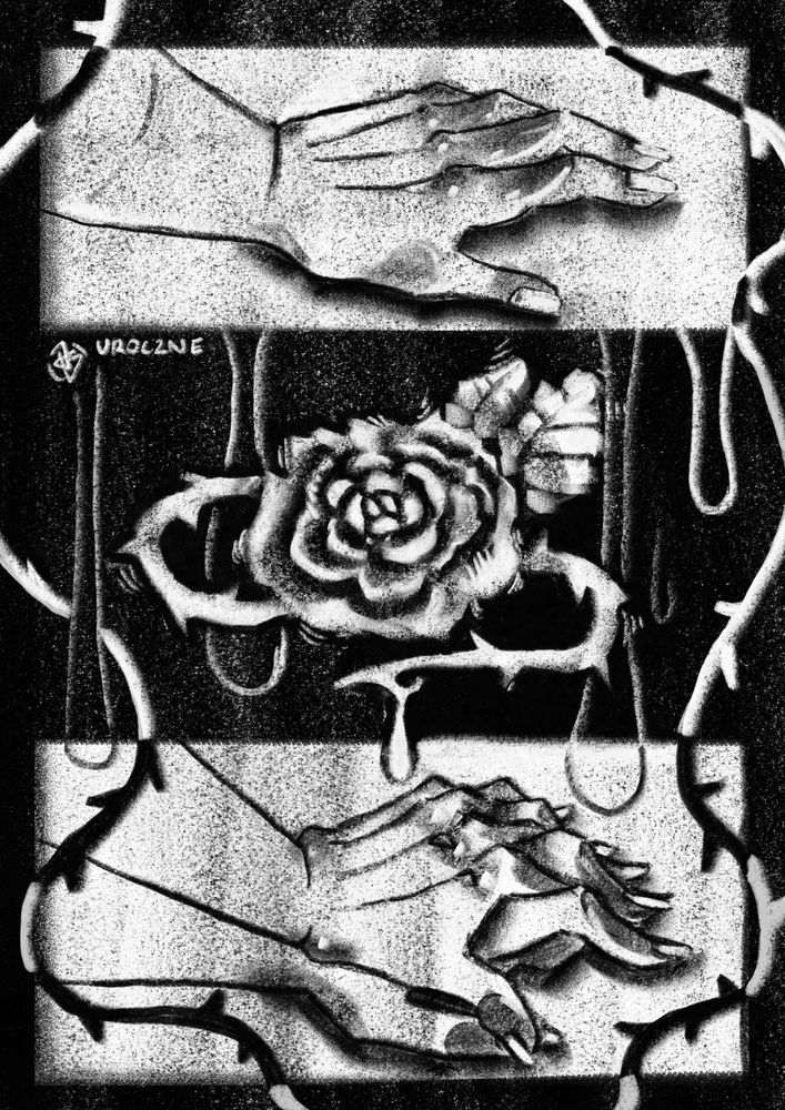 A digital Black and white inktober drawing. It shows 3 panels. First shows the hand laying on the white background. Second shows a rose with a thorny vine surrounding it with a single bead of "blood"  at the end of the thorn. The third panel shows two hands this time, one clutching the other. Everything is surrounded by more thorny rose vines. 