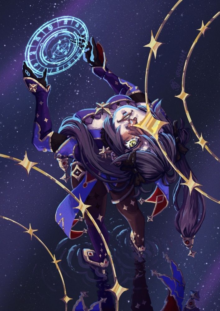 Genshin Impact fanart of Mona Megistus. She's standing on the water in the middle of the night, trying to read her own constellation's fate. She's shown from the high angle shot and leans back to look at stars. In the foreground there's a few circles with golden stars, one of them covers her right eye as she stares with admiration at the stars.