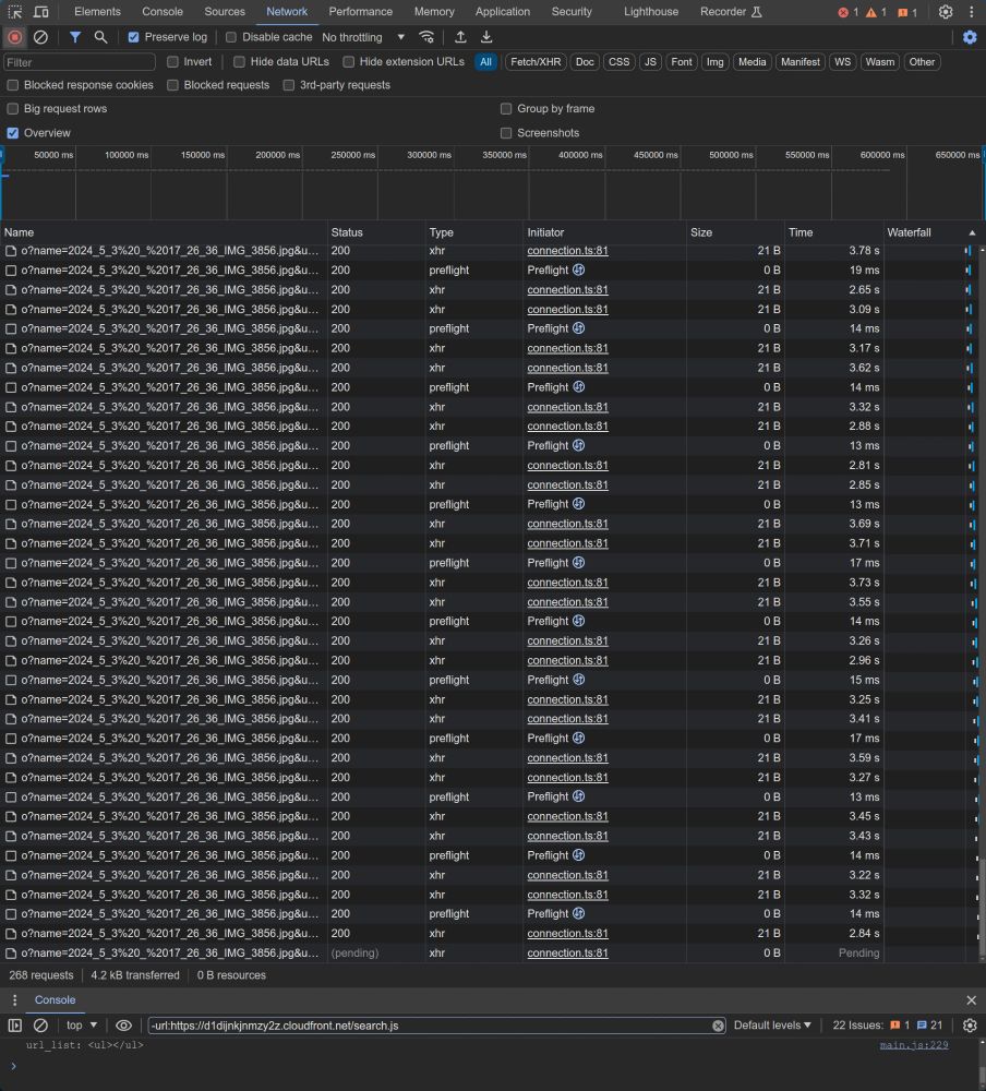 A log of network requests showing 21B of data being sent every 2-4 seconds.